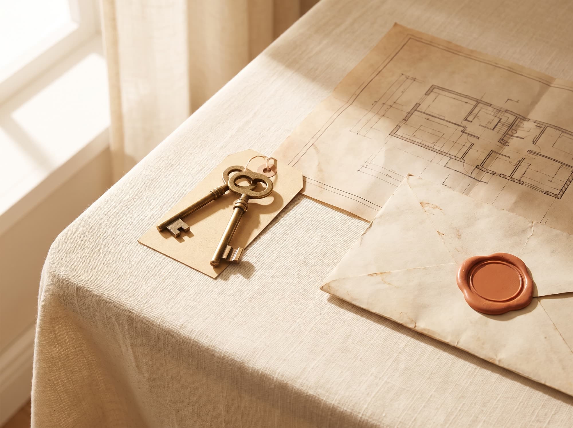 Keys, a floor plan and a sealed envelope on linen